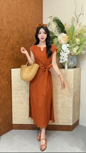 2026夏季系带收腰中长款连衣裙女
