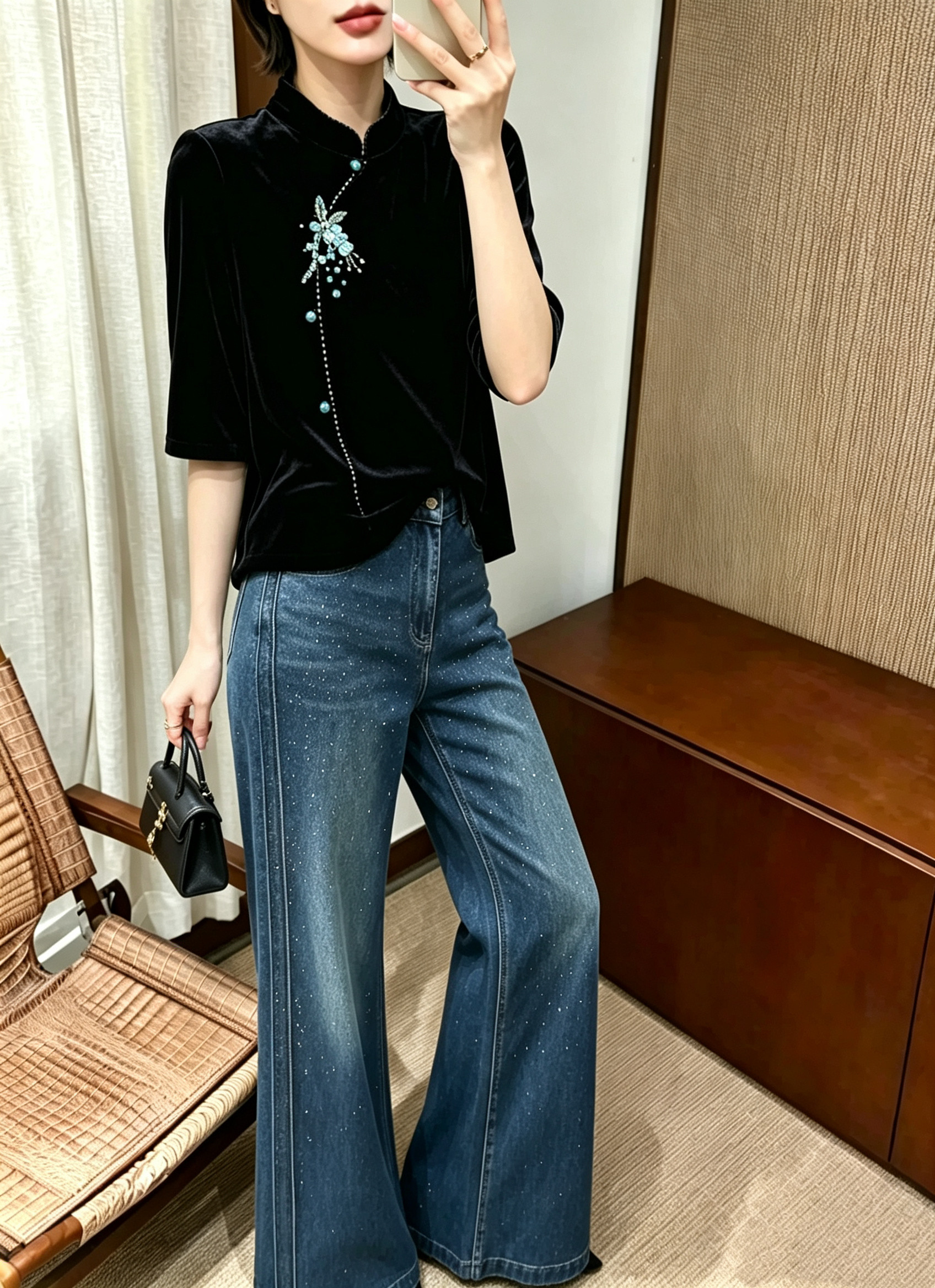 2026秋季中式立领丝绒短袖T恤女