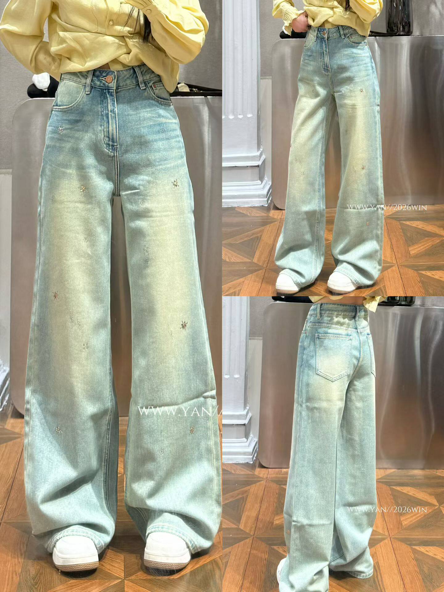 欧洲站2026春季新款V+.com时尚高腰显瘦牛仔直筒裤百搭磨白阔腿裤