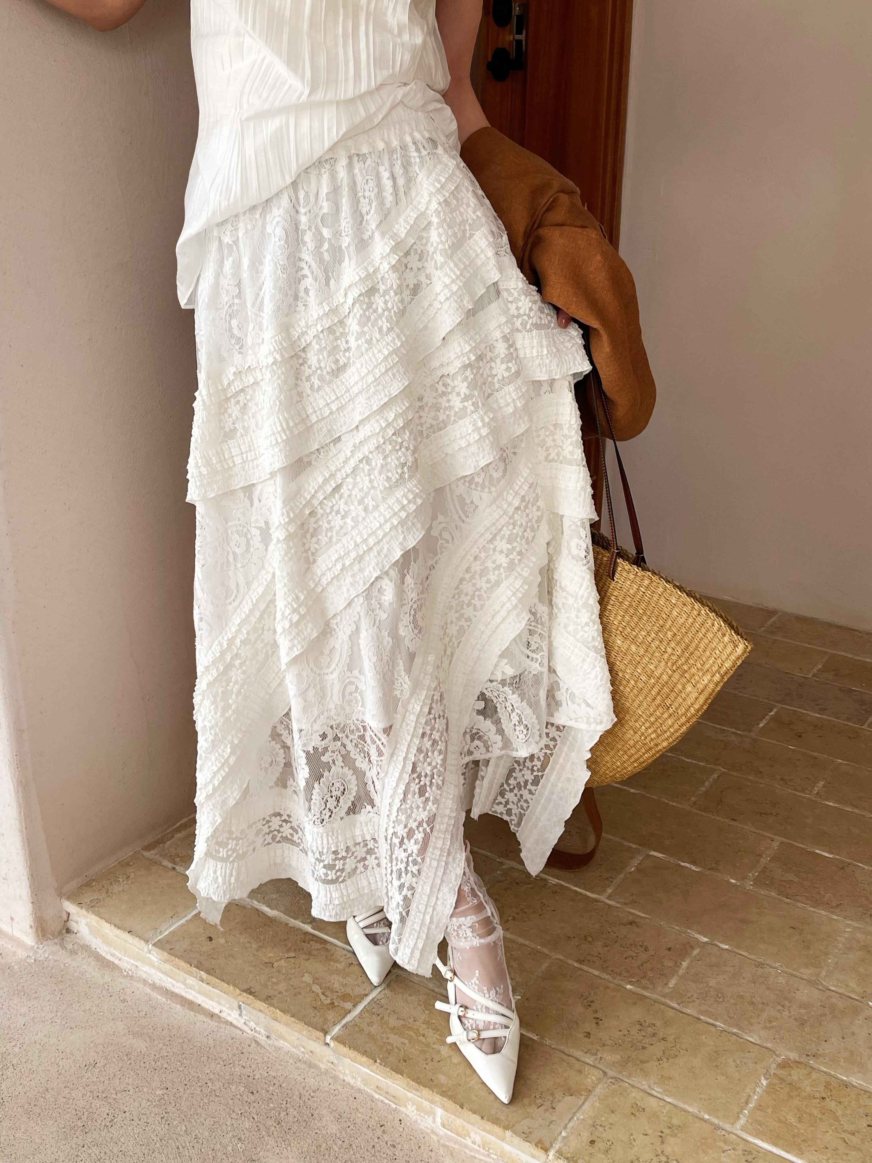 欧洲站2026春季新款V+.com时尚不规则蕾丝半身裙高级感A字长裙女