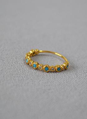 日韩小众简约个性精巧黄铜镀金镶嵌蓝松锆石细戒指文艺百搭食指戒