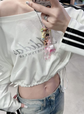 阿迪达斯女子运动休闲短款抽绳收腰长袖T恤KX8923/KX8924/KX8971
