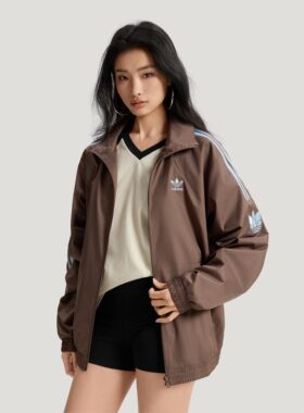 Adidas阿迪达斯三叶草运动风立领拉链夹克男女宽松防风外套KV8875