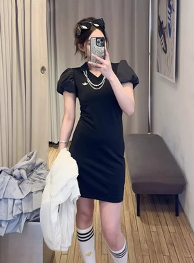 Adidas阿迪达斯三叶草女子泡泡袖收腰显瘦V领连衣裙KE3437/KD0302