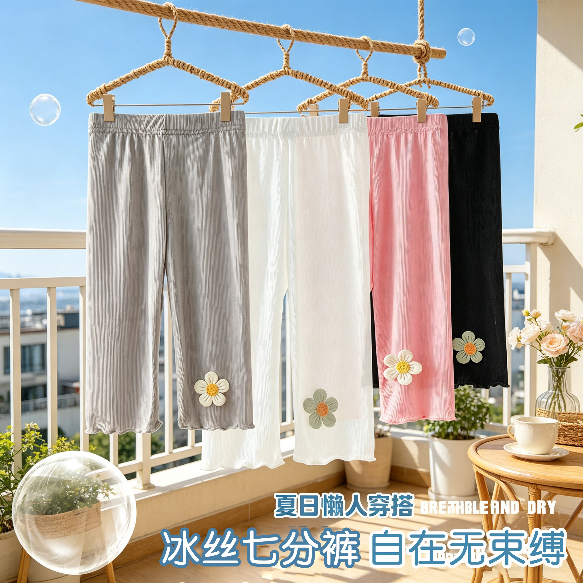 垂感宽松冰丝儿童阔腿裤子春季女童七分防蚊裤宽松女孩休闲裤夏季