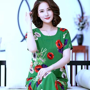 可外穿套装 中老年人绵绸家居服套头7分袖 薄款 棉绸睡衣女夏季