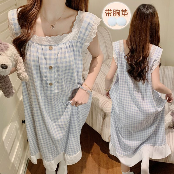 夏季吊带睡裙自带胸垫一体女士家居服无袖中长款云朵棉宽松可外穿