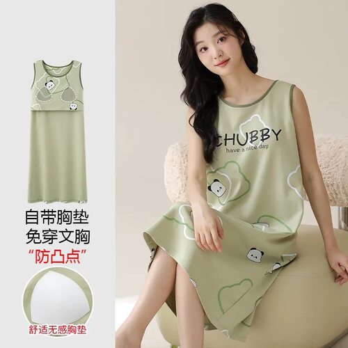 纯棉带胸垫文胸一体式睡裙女背心