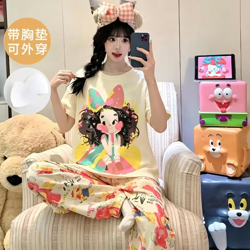 睡衣女款夏季纯棉带胸垫短袖长裤2026新款夏天可爱女士套装家居服