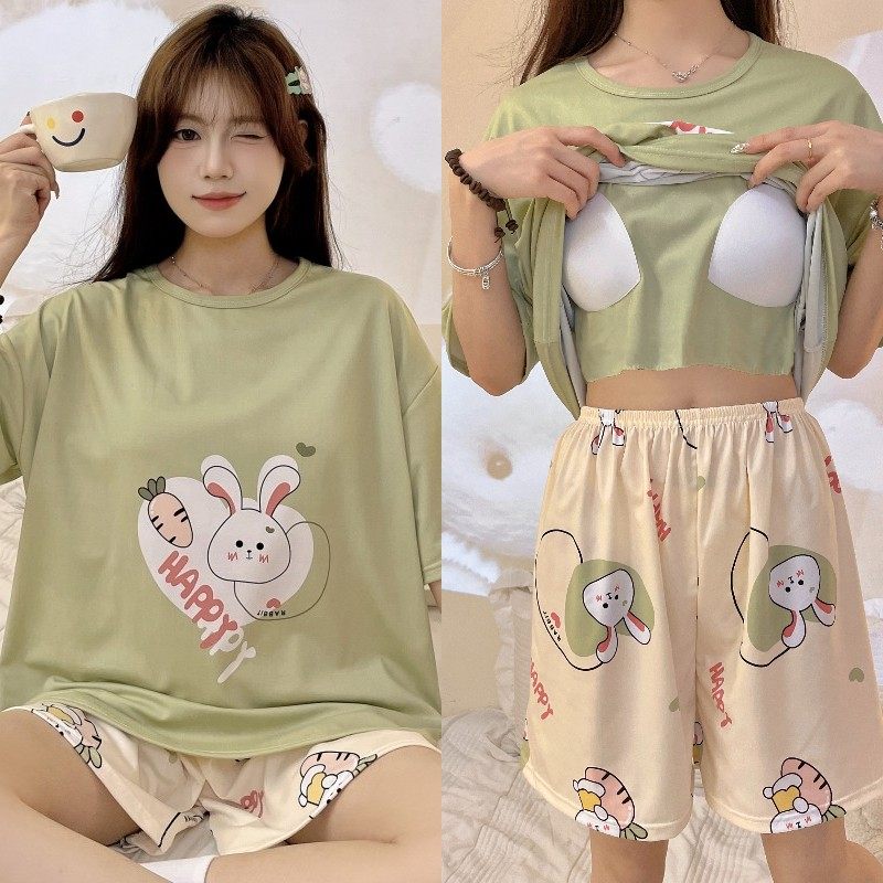 SUMMER PAJAMAS WOMENS SUMMER 2024 NEW COTTON SELF-CONTAINED CHEST PAD INTEGRATED WOMENS PINK LOUNGEWEAR SUMMER WOMENS