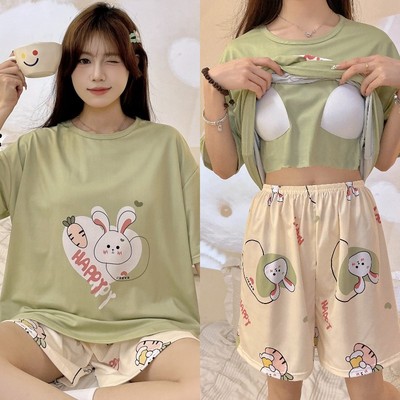 睡衣女夏季纯棉短袖带胸垫套装