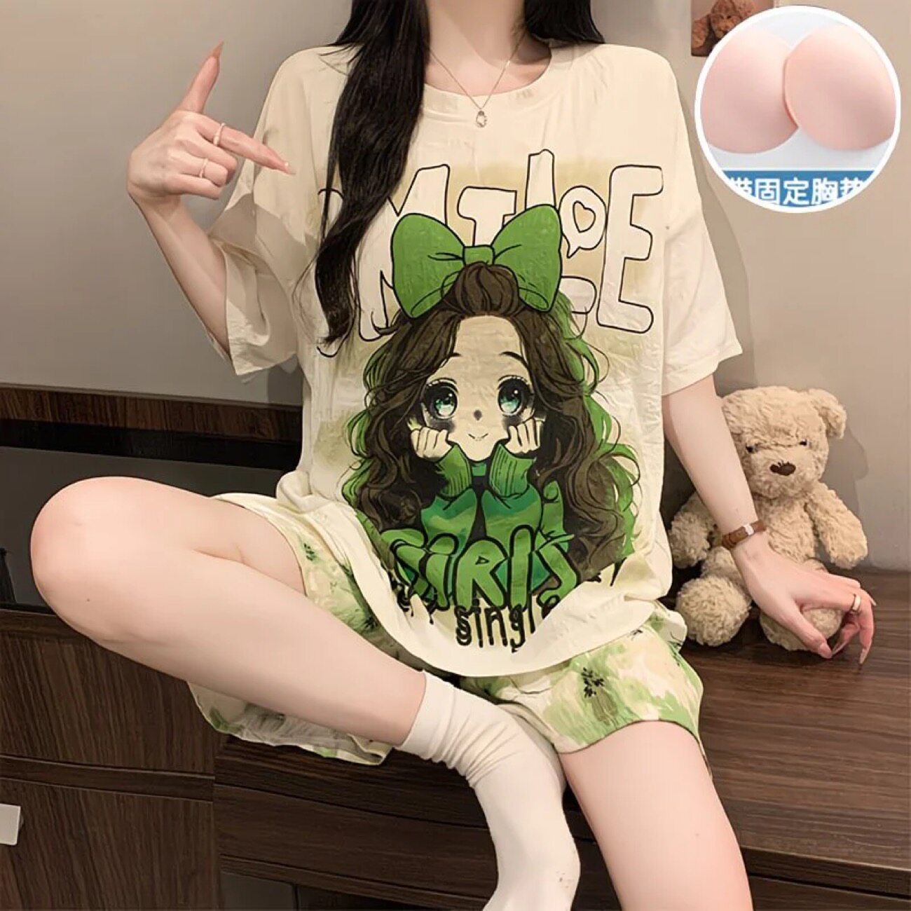 睡衣女夏季薄款带胸垫可爱甜美