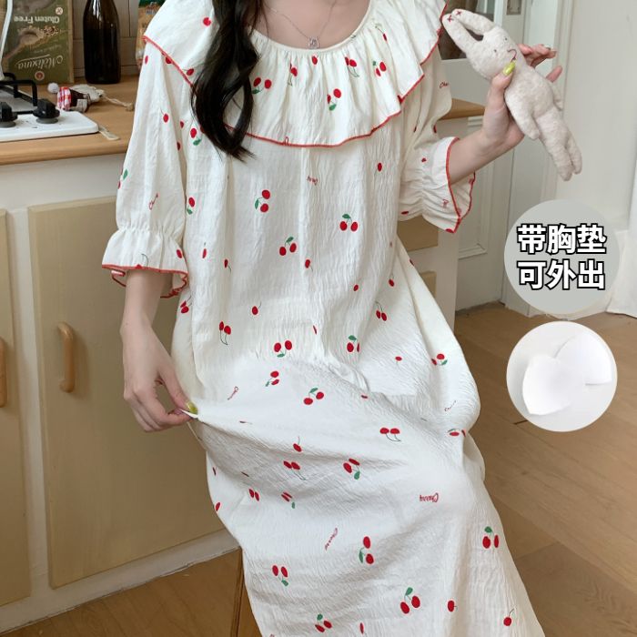 甜美公主风短袖睡裙夏季夏天睡衣女款纯棉带胸垫薄款过膝2026新款