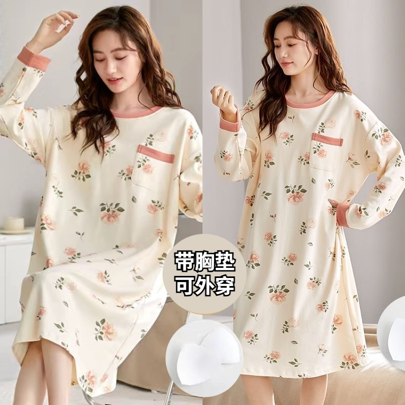 长袖纯棉100%棉长款带胸垫睡裙女免穿文胸全棉春秋连衣裙睡衣裙冬