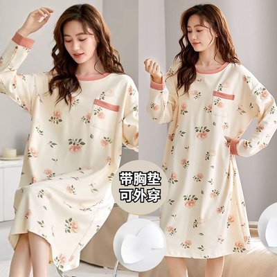 长袖纯棉100%棉长款带胸垫睡裙女免穿文胸全棉春秋连衣裙睡衣裙冬