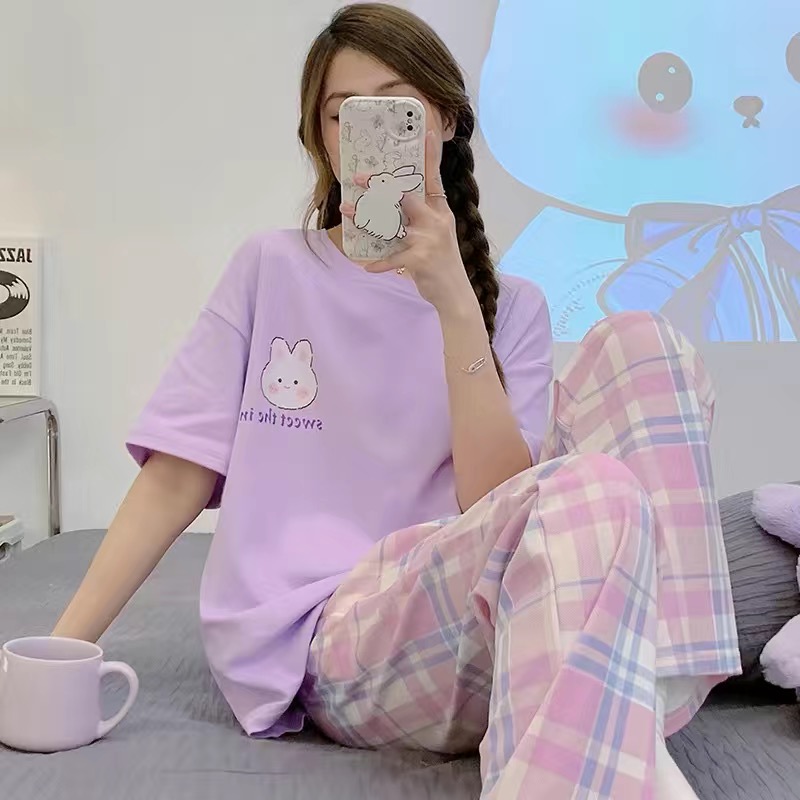 100%全棉长裤短袖春秋女士家居服