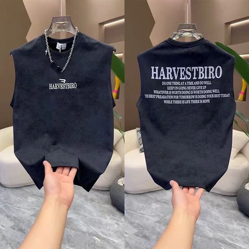 YIYJANGDE美式休闲宽松潮牌高街字母黑色背心男款夏季纯棉坎肩意