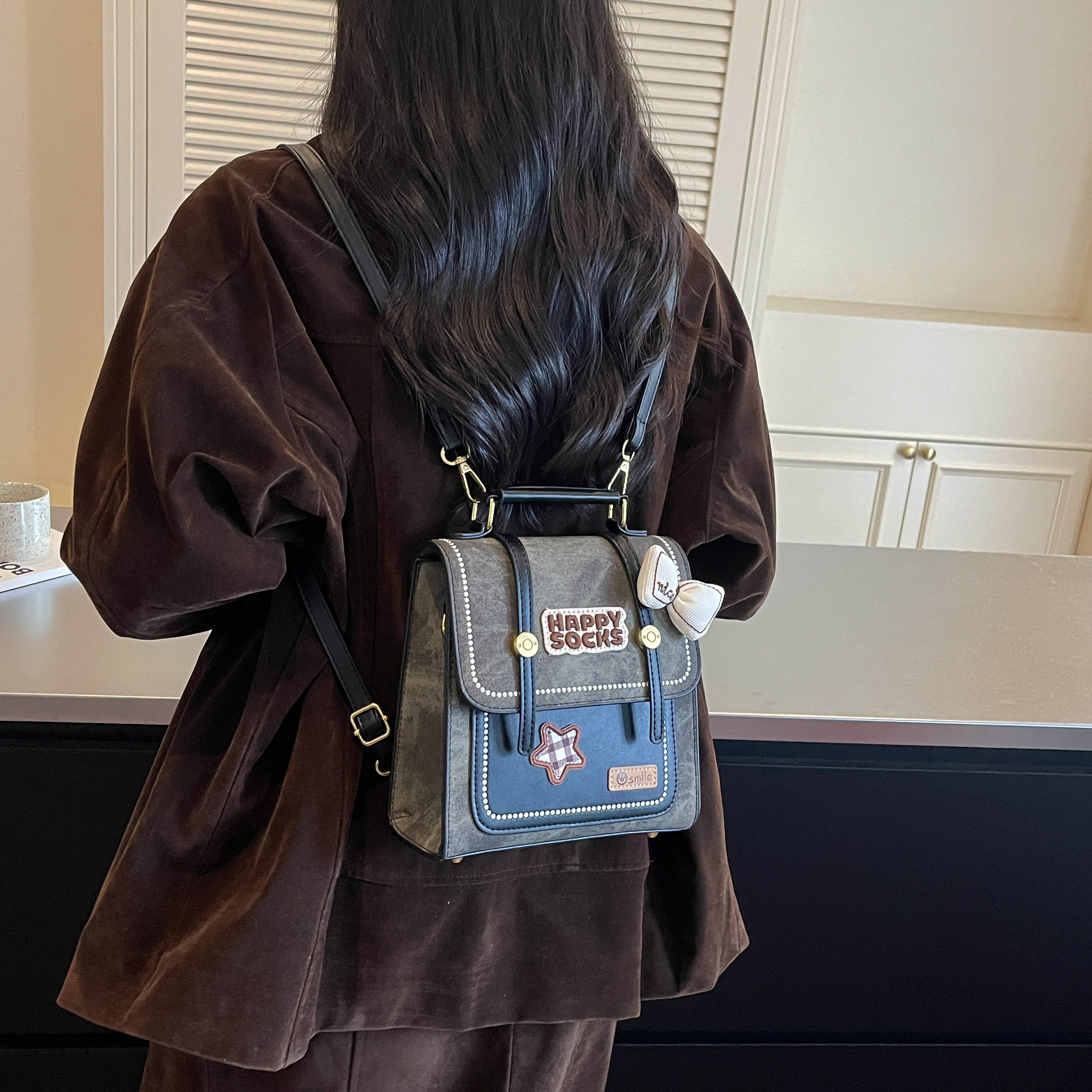 多功能双肩包女新款复古学院风可爱星星手提小包单肩斜挎双肩背包