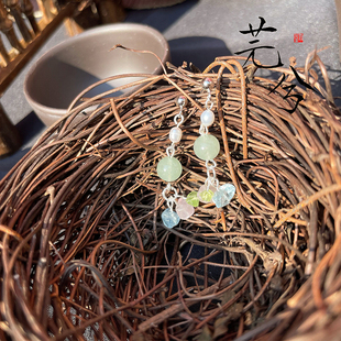 芫兮汉服手作原创银耳坠复古国风珍珠水晶东陵玉粉晶海蓝宝糖果