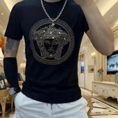 新款 潮牌高档修身 冰丝重工烫钻短袖 时尚 百搭潮流圆领T t恤男士 反季