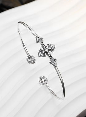 宫廷风复古纯银做旧十字架手镯