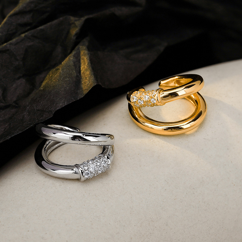 韩版极简女纯银双层镶钻耳夹