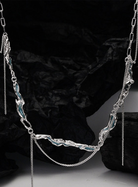 薄荷蓝链条流苏纯银女锁骨链