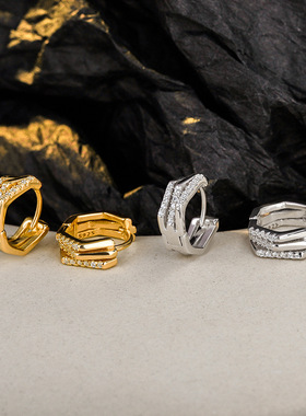 韩版简约小众925纯银镂空几何耳环女ins时尚冷淡风镶钻耳扣E6209