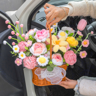创意礼物手工钩织玫瑰郁金香毛线花束手提花篮生日送女友闺蜜妈妈