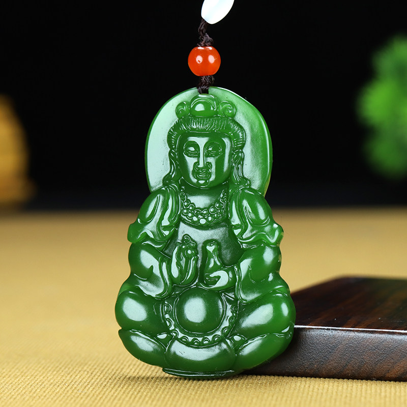 天然和田玉观音吊坠男女玉石观音玉牌菠菜绿碧玉净瓶观音挂件项链
