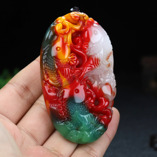 新疆和田玉鱼挂件把件七彩金丝玉连年有余鱼吊坠手把玩手玩件玉佩