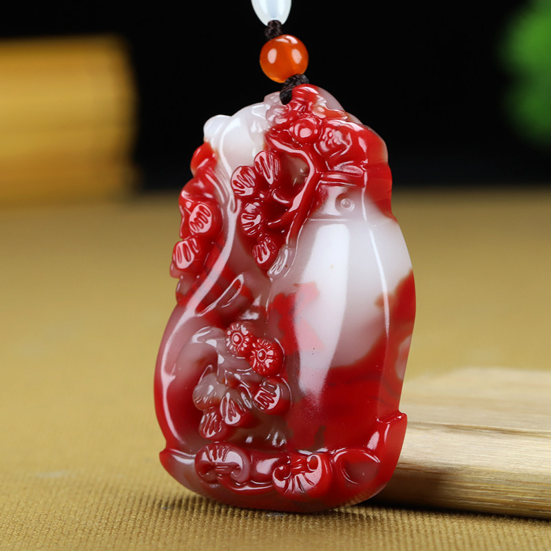 鸡血玉石梅花花瓶吊坠天然彩玉花开富贵挂件男女款金丝玉玉牌玉坠