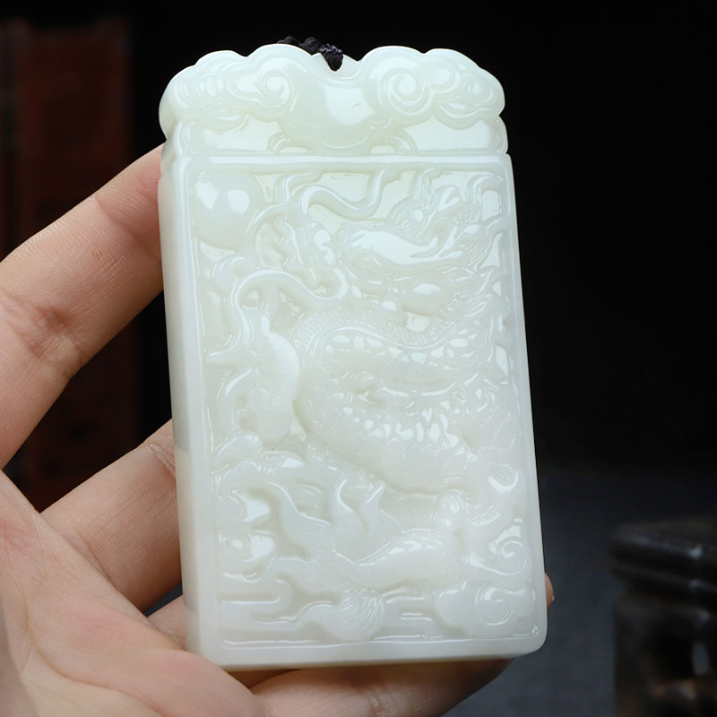新疆和田玉龙牌手把件挂件白玉生肖龙玉佩玉牌玉石平安腰牌手玩件