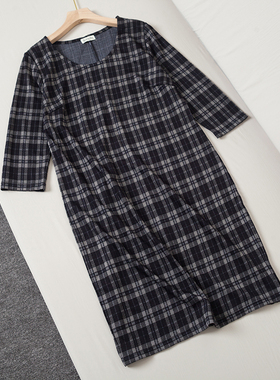 包邮！新款秋季复古格子连衣裙chi韩版宽松气质A字圆领五分袖