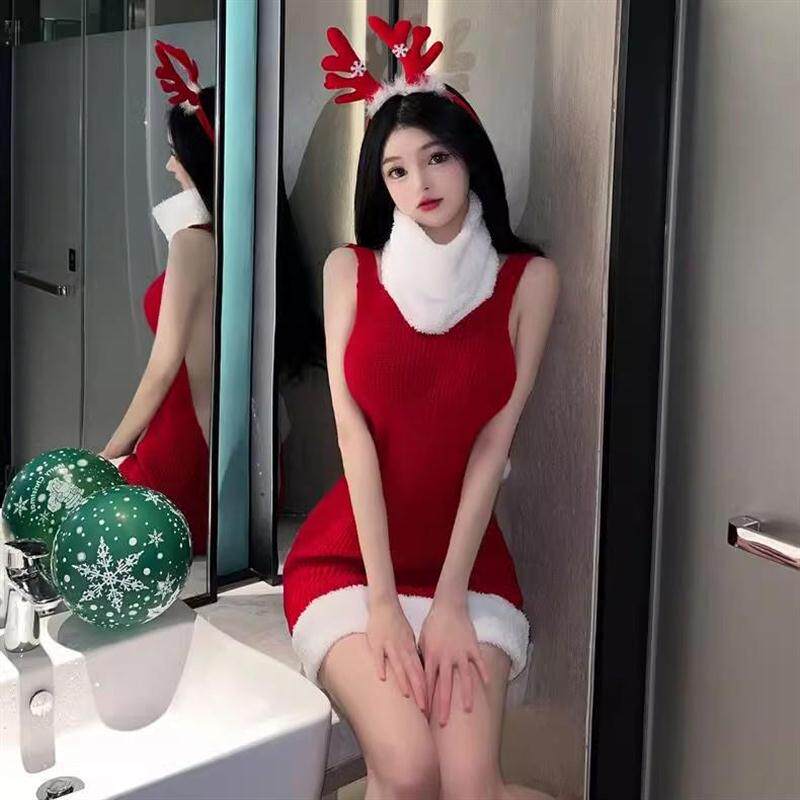 大码胖mm新年圣诞制服性感红色毛衣高领漏背火辣套装纯欲夫妻床上