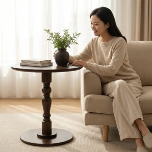 全实木小圆桌阳台小茶桌中古小茶几沙发边客厅边桌小户型矮桌子