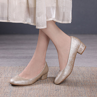 妈妈鞋婚礼方跟高跟鞋女秋中老年3cm结婚中跟真皮喜婆婆婚宴鞋子
