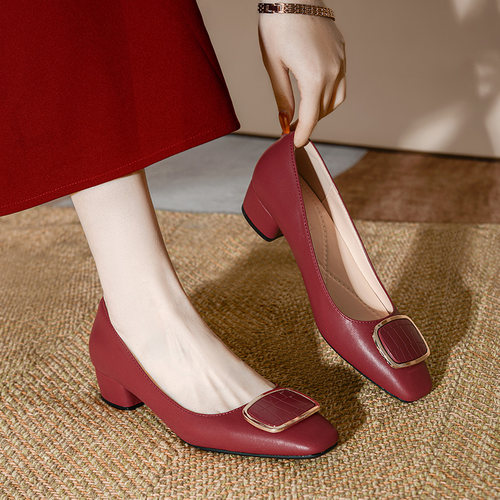 真皮妈妈鞋粗跟婚礼软皮高跟鞋