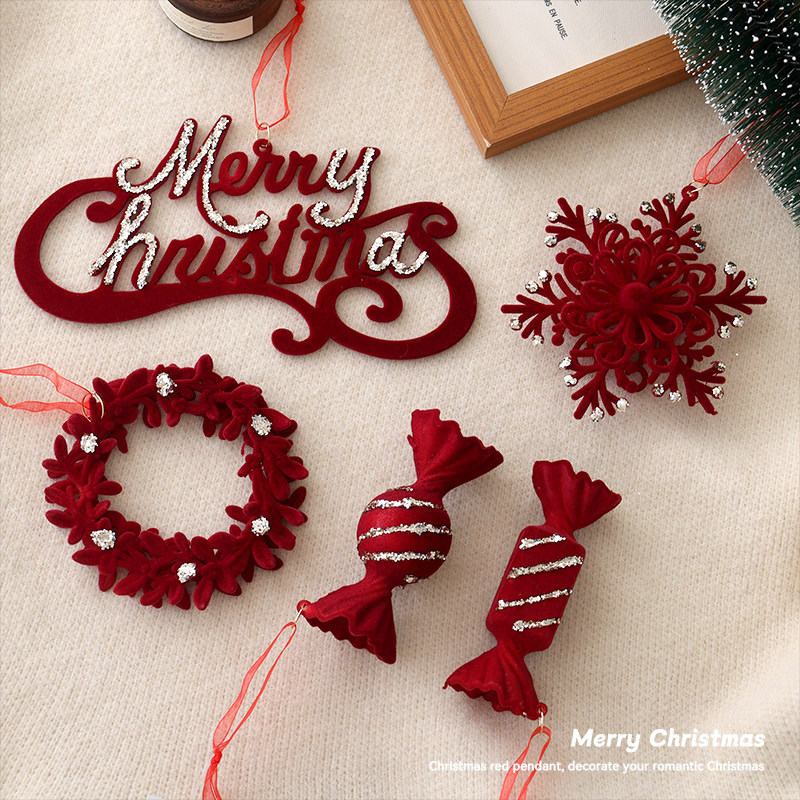 【工厂】 圣诞节装饰品红色植绒雪花糖果挂圣诞树挂饰橱窗ins布置