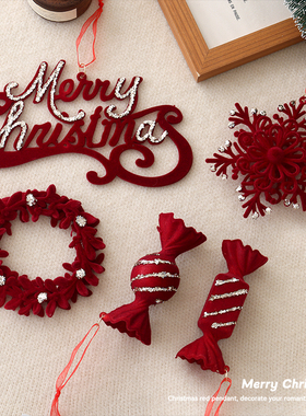 【工厂】 圣诞节装饰品红色植绒雪花糖果挂圣诞树挂饰橱窗ins布置