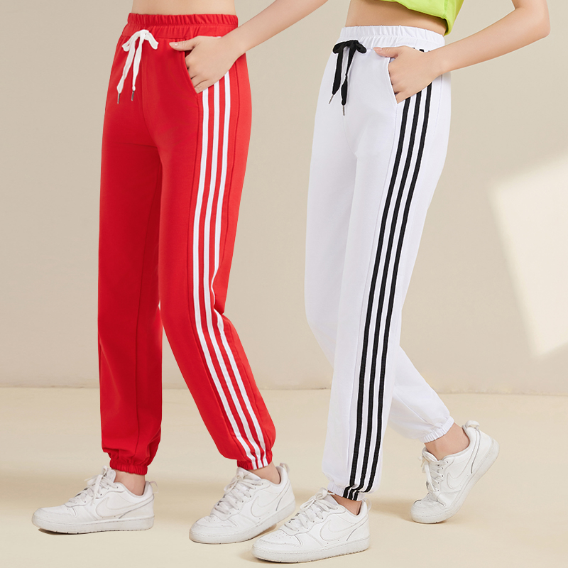 舞裤运动裤女春秋大码宽松侧条纹跑步健身三条杠长裤广场跳操裤子