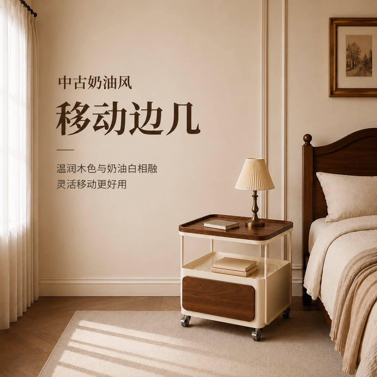 中古奶油风可移动边几储物小推车