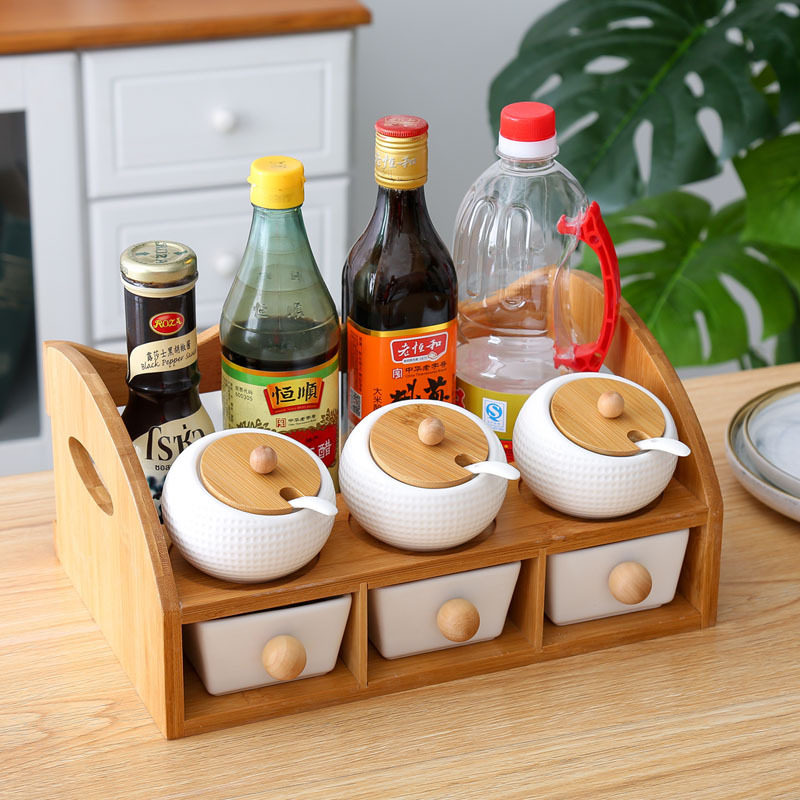 日式厨房陶瓷调料罐调味盒套装家用辣椒盐罐调料瓶双层收纳置物架