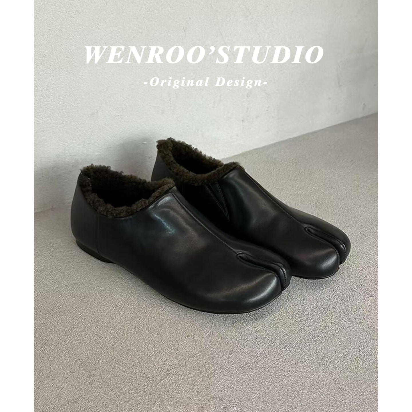 复古黑色分趾加绒深口单鞋女秋冬