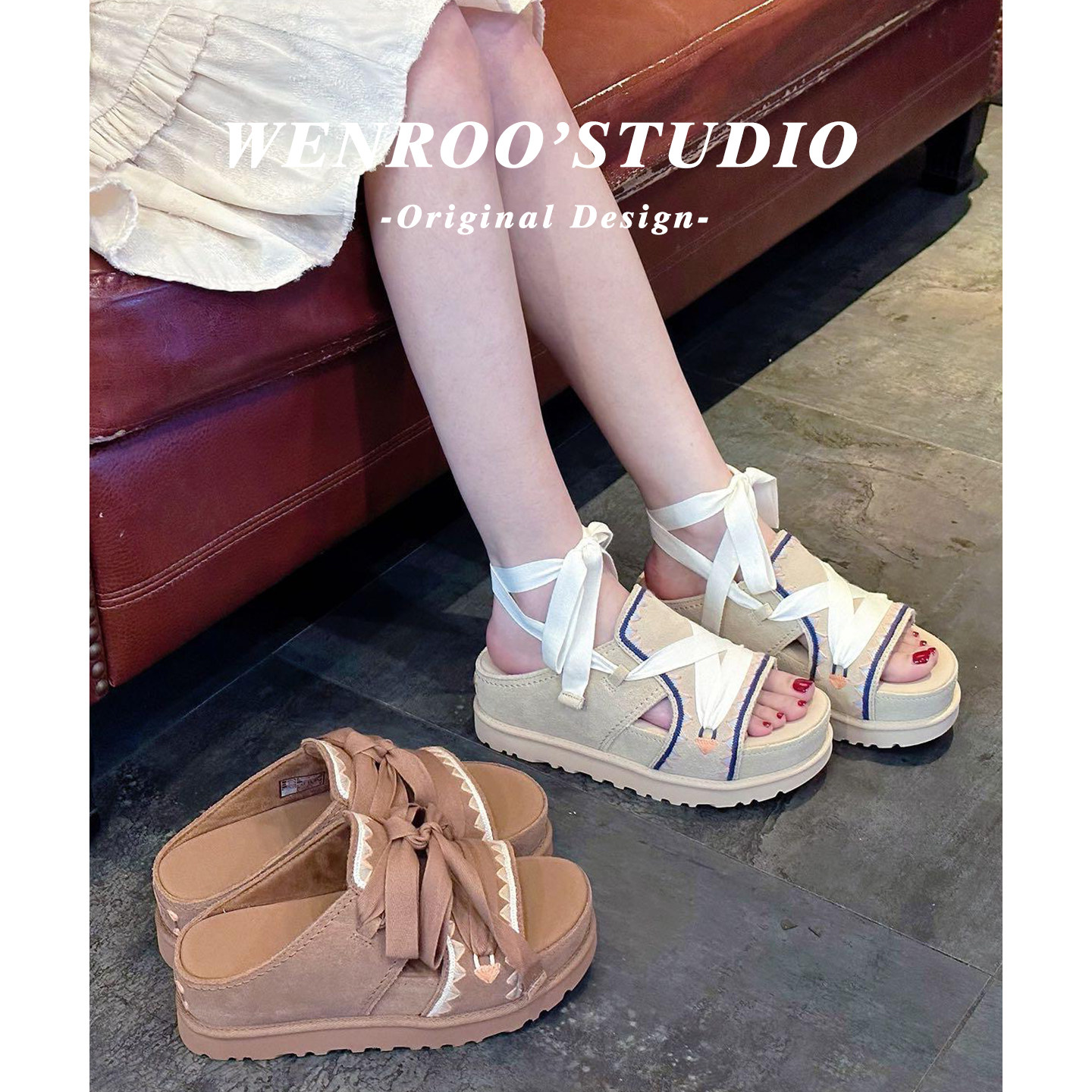 波西米亚风绑带刺绣厚底拖鞋女外穿2026夏季新款复古休闲罗马凉鞋