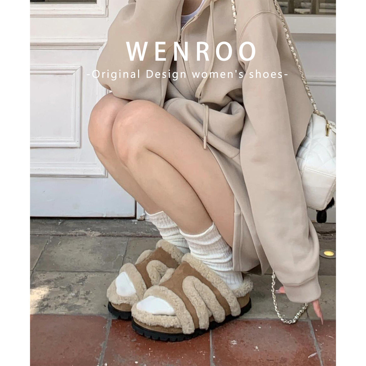 皮毛一体！棕色真皮厚底羊羔毛毛鞋女秋冬外穿复古加绒增高一字拖