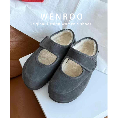 灰色魔术贴厚底保暖毛毛鞋女外穿