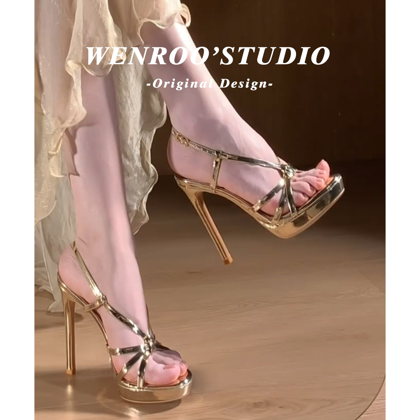 法式金色后绊带防水台细跟凉鞋女夏2026新款绝美配裙子露趾高跟鞋