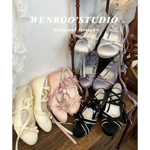 优雅交叉绑带蝴蝶结坡跟高跟鞋女2026春季新款甜美缎面lolita单鞋