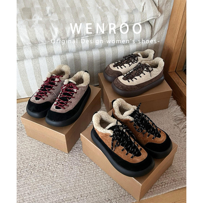 真皮系带增高厚底加绒德训鞋女冬